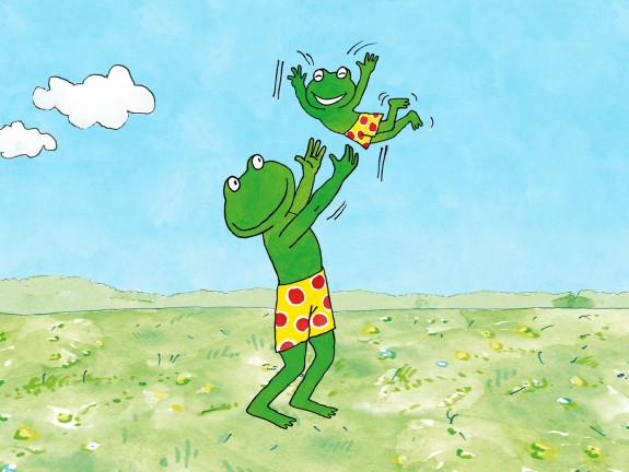 Comic Frosch Fred auf der Wiese in der Sonne