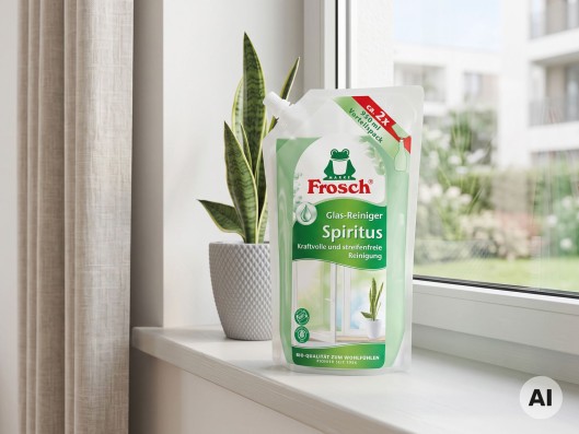 Spiegelschrank in dem ein Frosch Granatapfel Cremeseife Nachf&uuml;llbeutel und Hygieneartikel stehen
