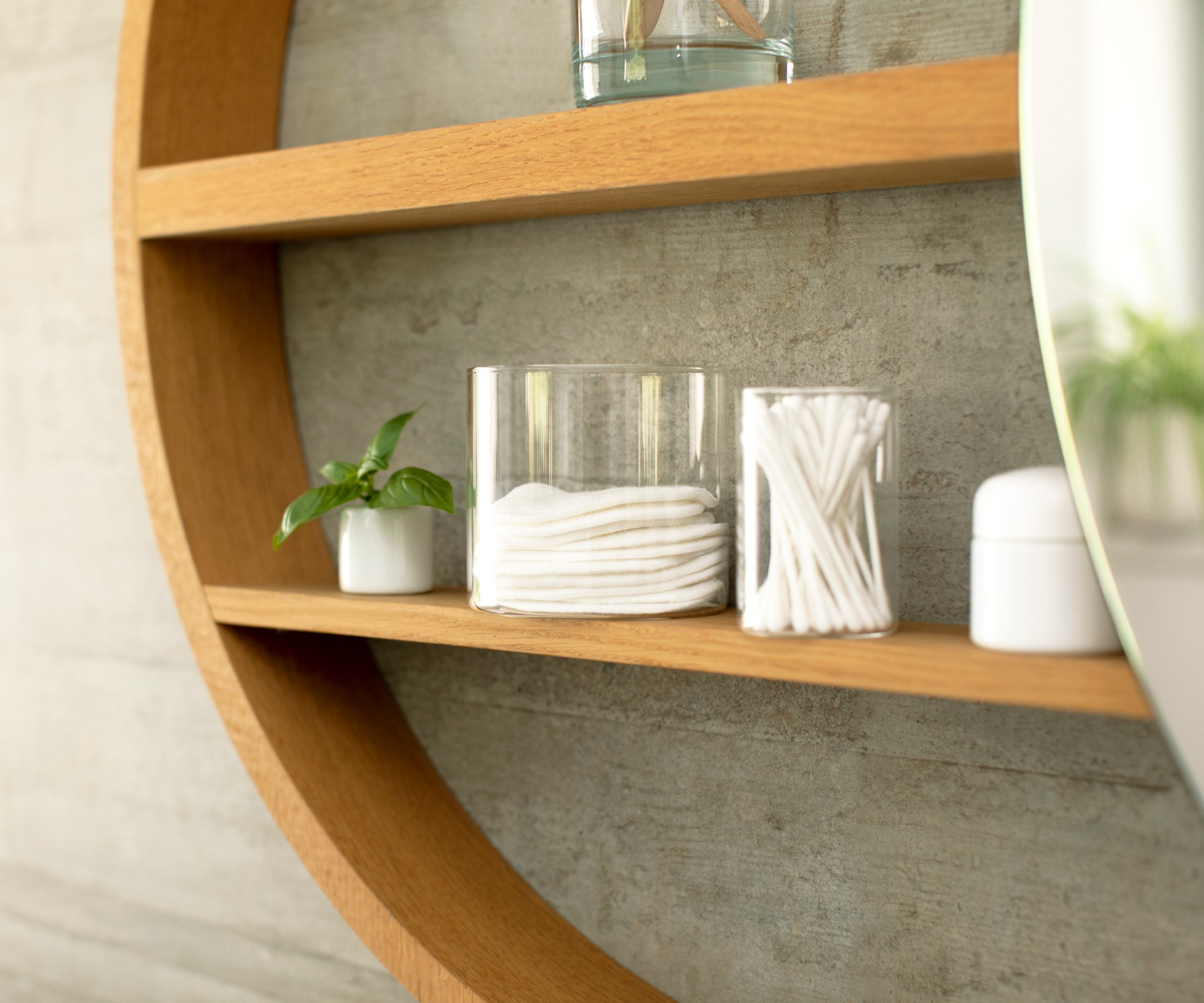 Close-up of a mirror cabinet with hygiene products