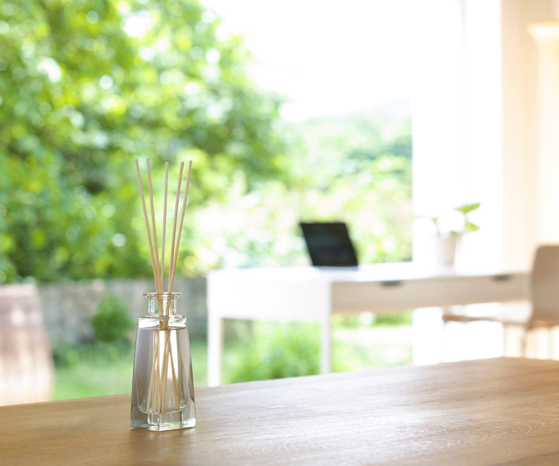 A Frosch Oase room freshener glass bottle with reed diffusers stands on a wooden table