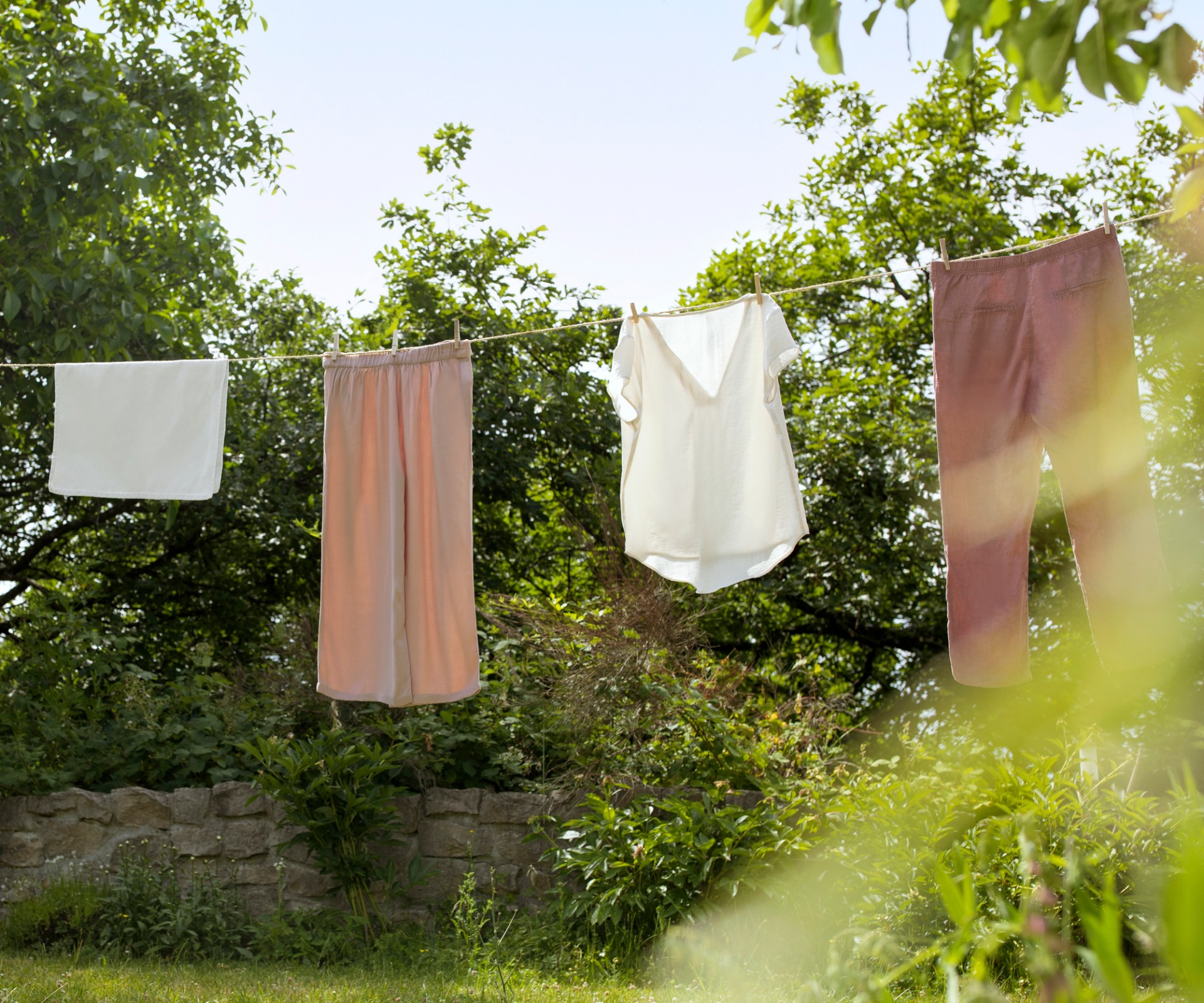In einem Garten hängen vor eine Hecke Tücher und Kleidung an einer Wäscheleine